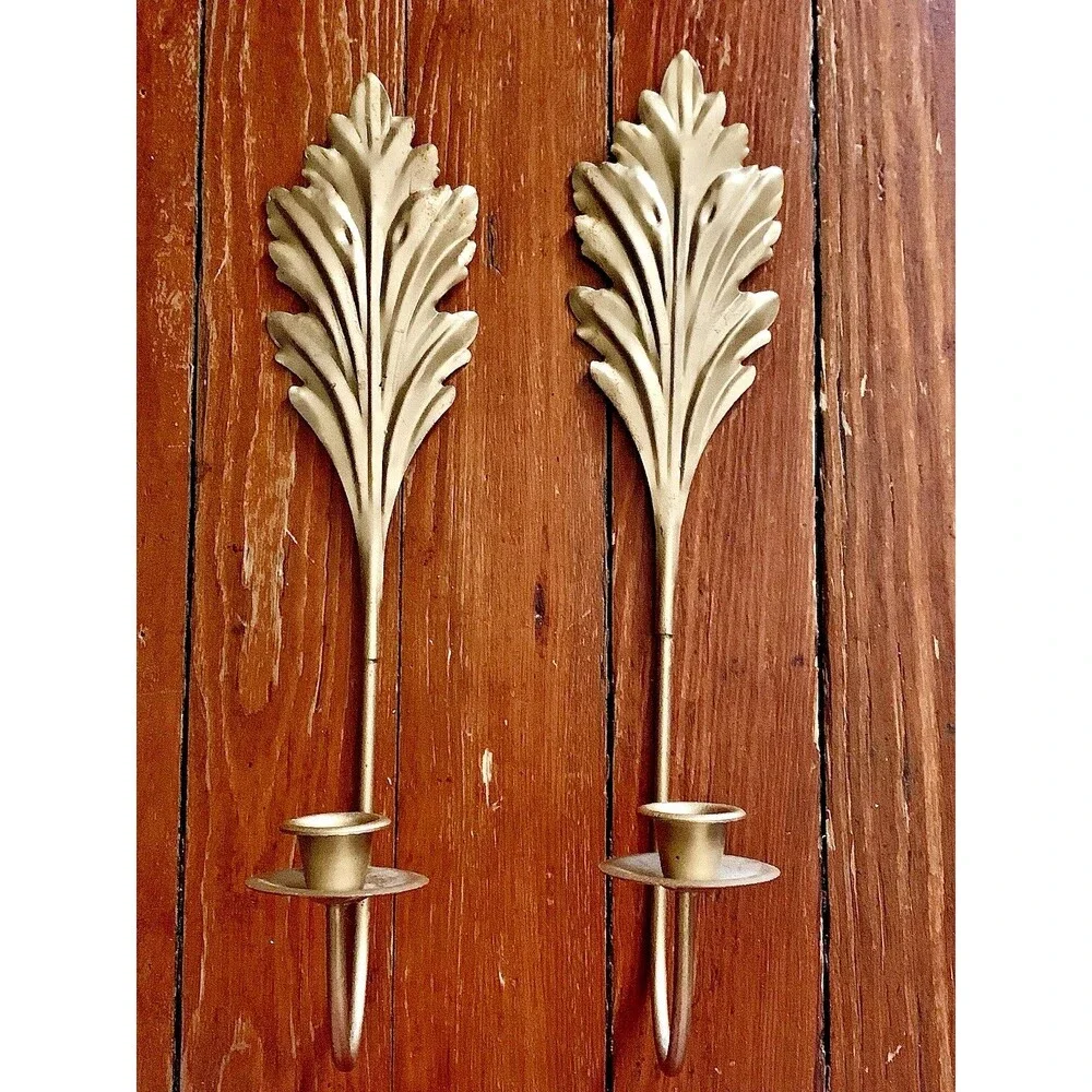 Vtg Metal Acanthus Leaf MCM Wall Candle Sconces Pair Gold Hollywood Regency 15